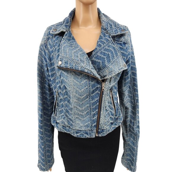 Free People Women' Punched Denim Moto Jacket Size 10 Herringbone Blue Jean Biker - Picture 2 of 12